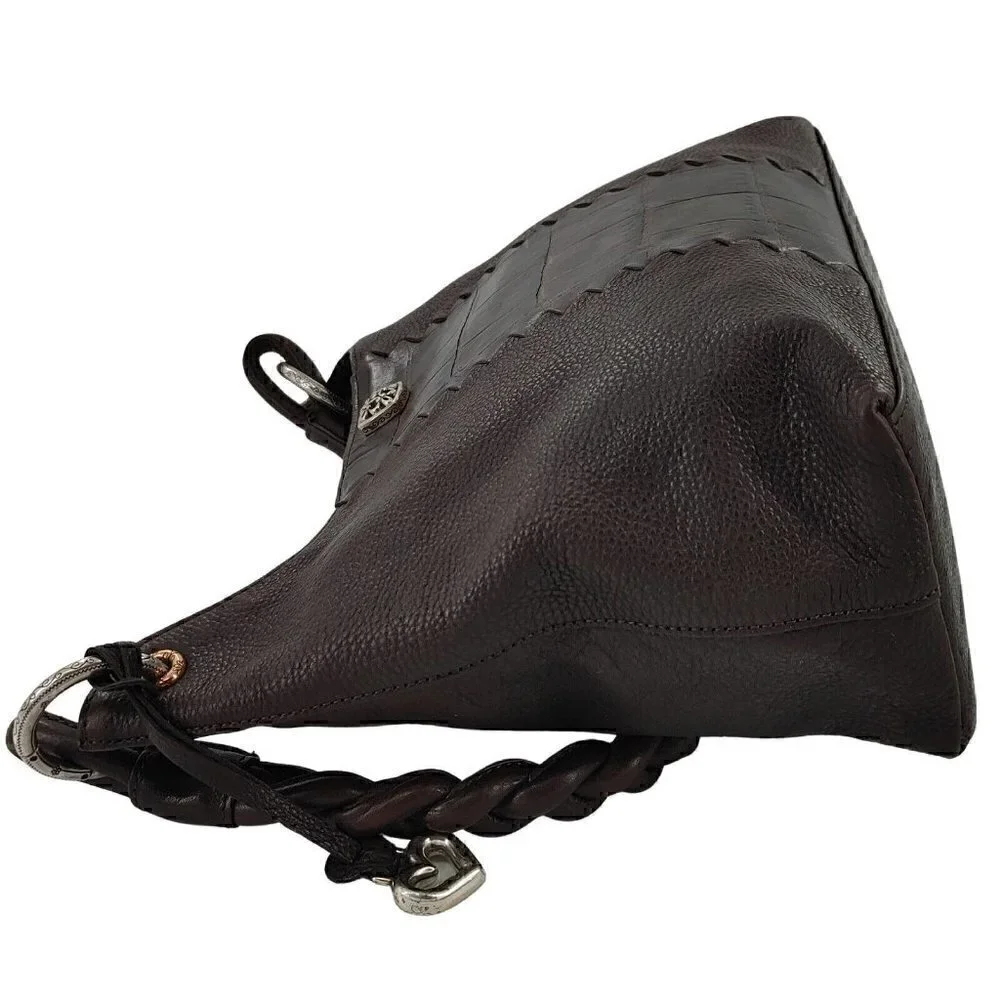 BRIGHTON Brown Pebble & Croco Embossed Leather Hobo Shoulder Bag Braided Strap